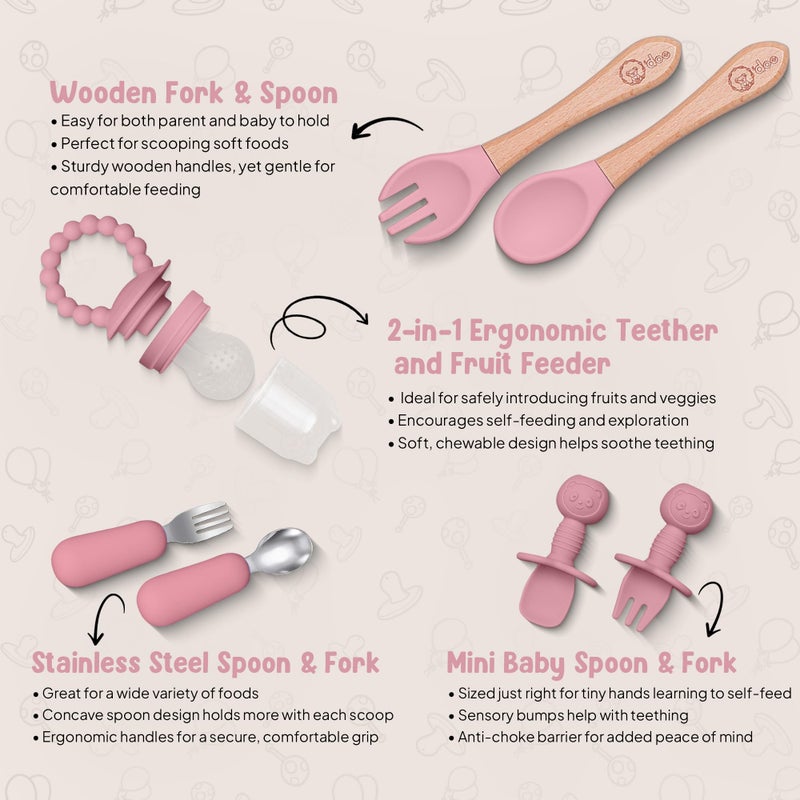 O'doe 17-Piece BPA-Free Silicone Baby Feeding Set | Thick & Soft Suction Plates, Baby Bowls, Wooden Fork & Spoon, and More | Make Mealtime Fun and Easy for Your Little One | Pink, V2 - Image 4